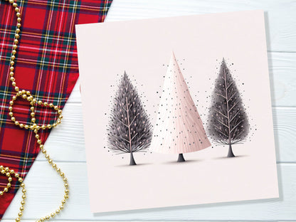 Christmas Trees Illustration Card Modern Elegant Fir Tree Pink Grey White Simple Ink Painting Greetings Cards For Family Friends Xmas 2023