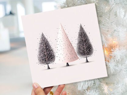 Christmas Trees Illustration Card Modern Elegant Fir Tree Pink Grey White Simple Ink Painting Greetings Cards For Family Friends Xmas 2023