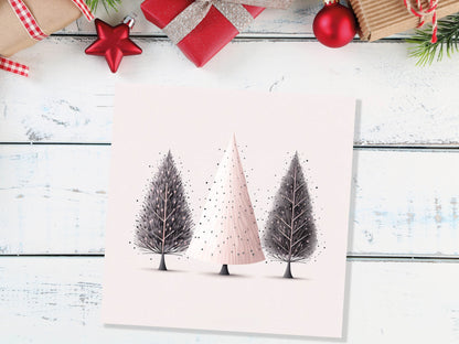 Christmas Trees Illustration Card Modern Elegant Fir Tree Pink Grey White Simple Ink Painting Greetings Cards For Family Friends Xmas 2023