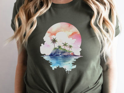 Watercolor Beach Sunset T-Shirt - Cute Travel Holiday Tee Vacation Shirt Scene Artistic Beachwear Art Sea And Sand Apparel Lover Gift Coasta