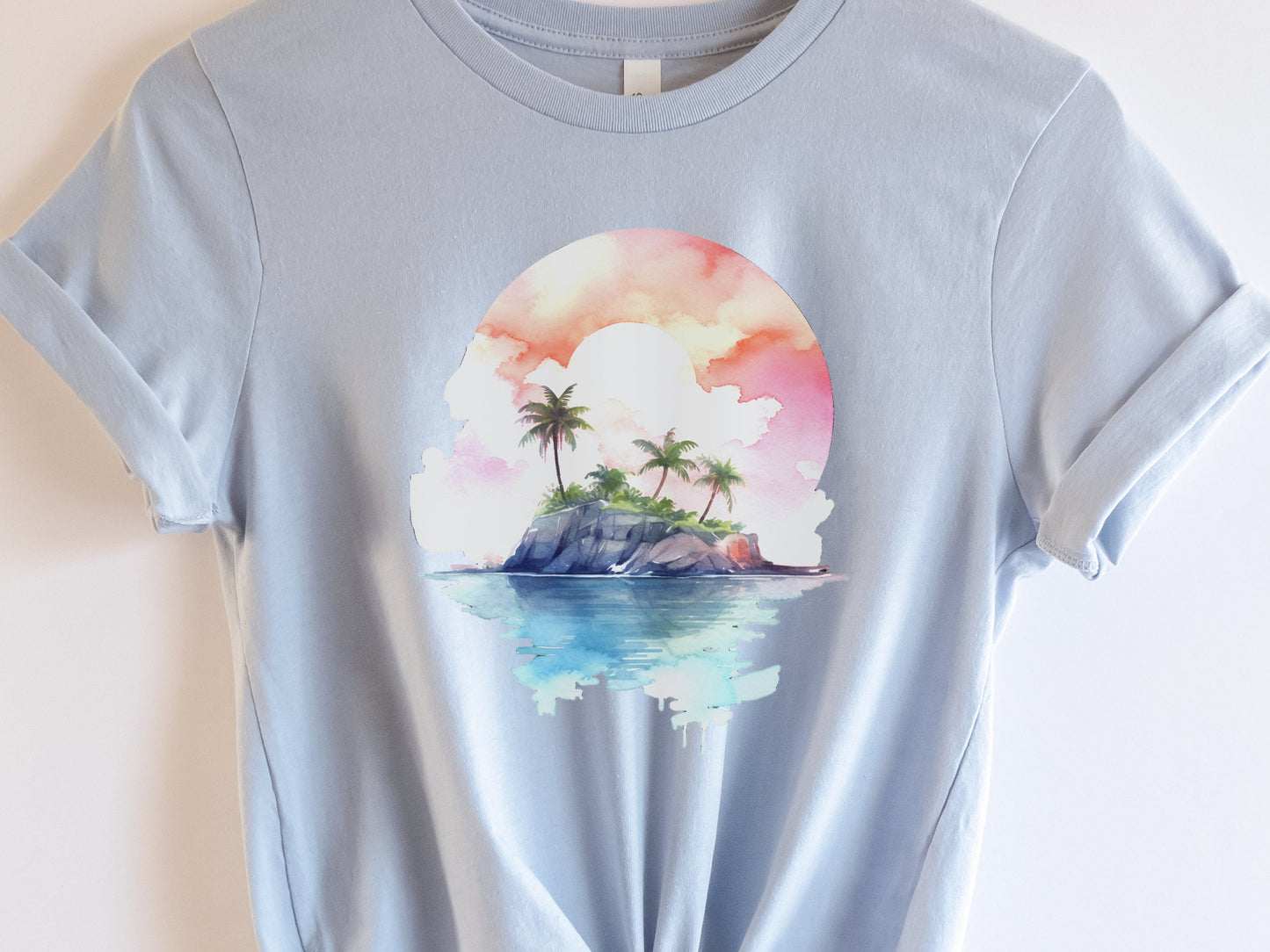 Watercolor Beach Sunset T-Shirt - Cute Travel Holiday Tee Vacation Shirt Scene Artistic Beachwear Art Sea And Sand Apparel Lover Gift Coasta