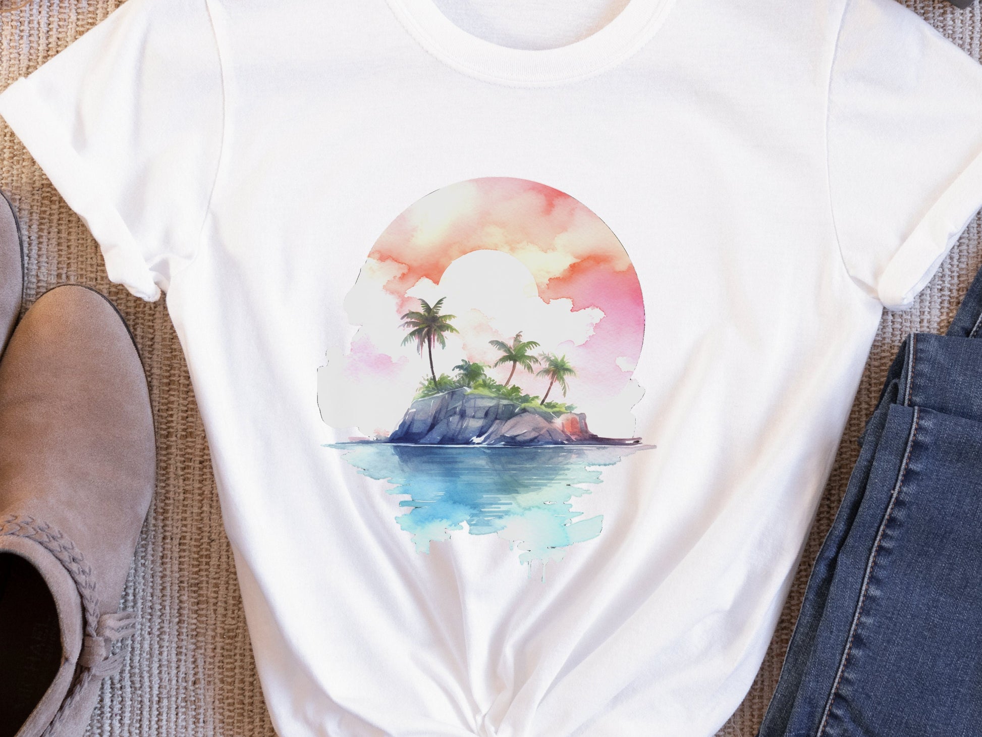 Watercolor Beach Sunset T-Shirt - Cute Travel Holiday Tee Vacation Shirt Scene Artistic Beachwear Art Sea And Sand Apparel Lover Gift Coasta