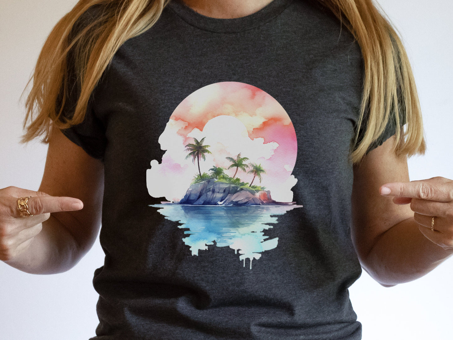 Watercolor Beach Sunset T-Shirt - Cute Travel Holiday Tee Vacation Shirt Scene Artistic Beachwear Art Sea And Sand Apparel Lover Gift Coasta