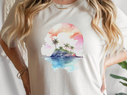 Watercolor Beach Sunset T-Shirt - Cute Travel Holiday Tee Vacation Shirt Scene Artistic Beachwear Art Sea And Sand Apparel Lover Gift Coasta