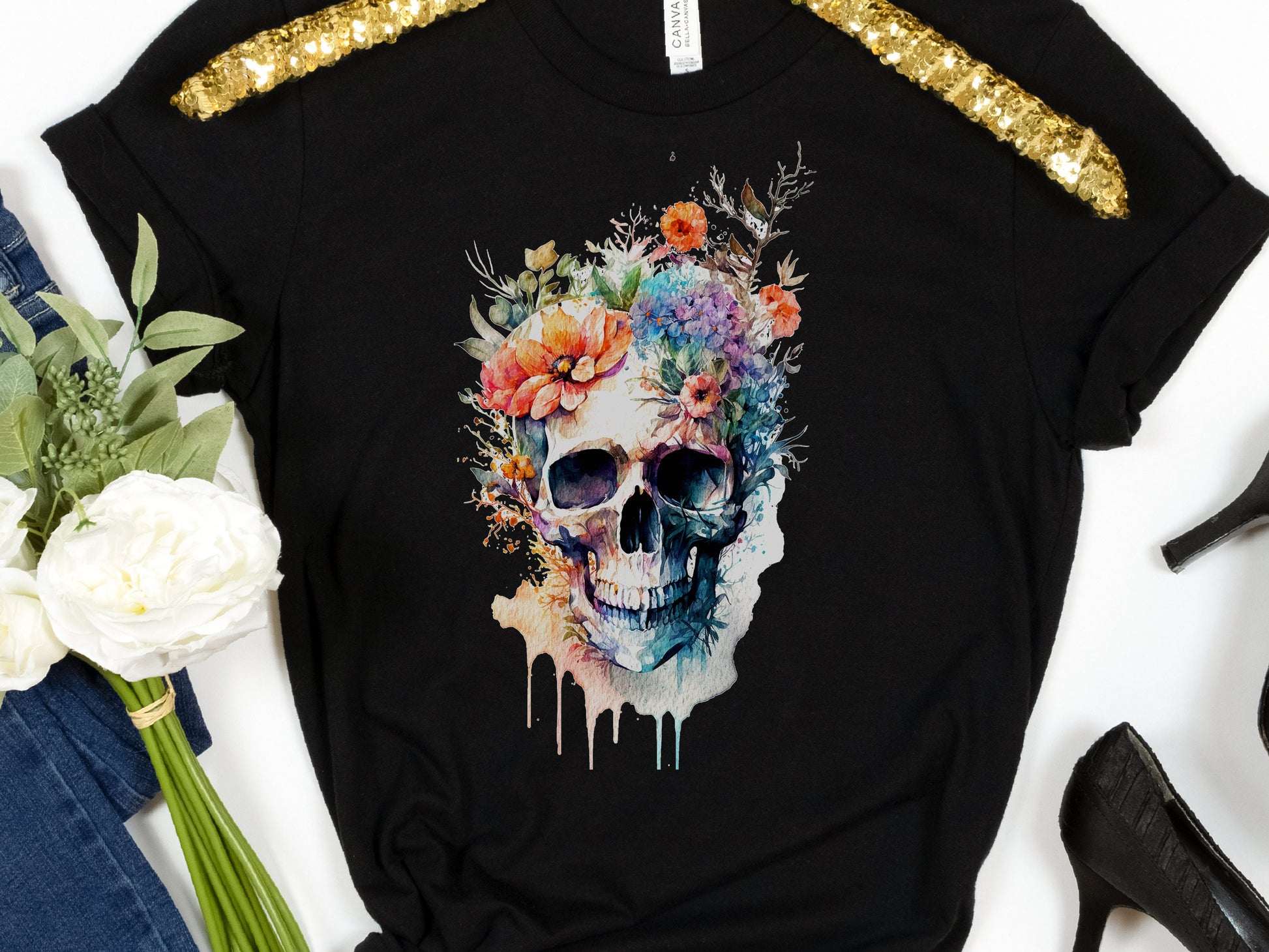 Enchanting Watercolour Skull and Flowers Tee Artistic Gothic Grunge Gift Bohemian Style Unique Nature Shirt Painted Flower T-Shirt Floral