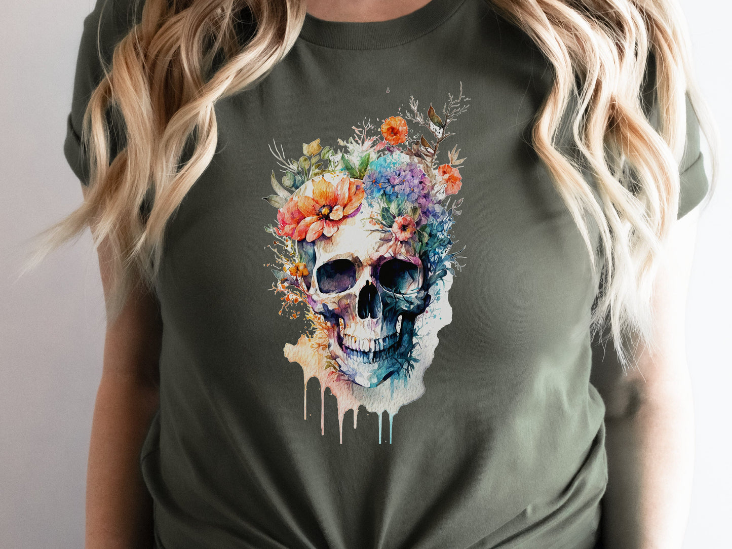 Enchanting Watercolour Skull and Flowers Tee Artistic Gothic Grunge Gift Bohemian Style Unique Nature Shirt Painted Flower T-Shirt Floral