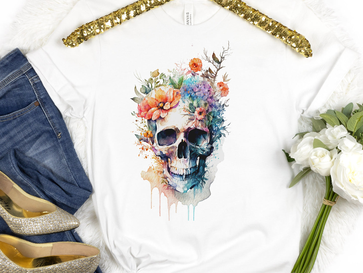 Enchanting Watercolour Skull and Flowers Tee Artistic Gothic Grunge Gift Bohemian Style Unique Nature Shirt Painted Flower T-Shirt Floral