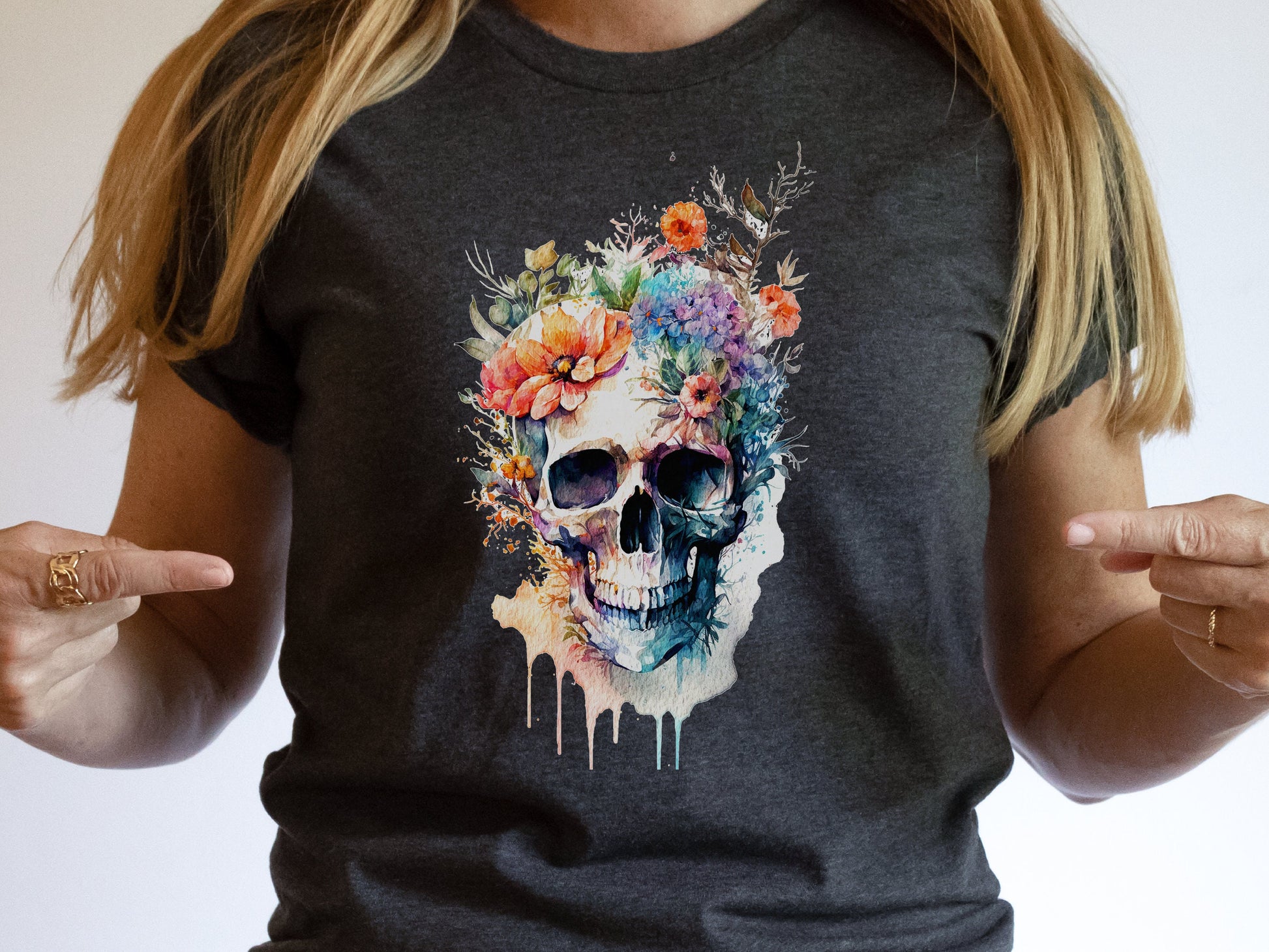 Enchanting Watercolour Skull and Flowers Tee Artistic Gothic Grunge Gift Bohemian Style Unique Nature Shirt Painted Flower T-Shirt Floral