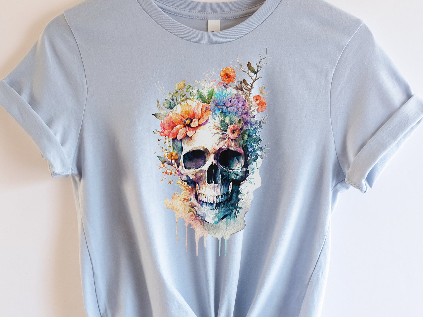 Enchanting Watercolour Skull and Flowers Tee Artistic Gothic Grunge Gift Bohemian Style Unique Nature Shirt Painted Flower T-Shirt Floral