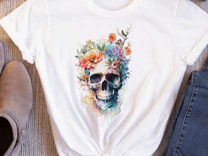 Enchanting Watercolour Skull and Flowers Tee Artistic Gothic Grunge Gift Bohemian Style Unique Nature Shirt Painted Flower T-Shirt Floral