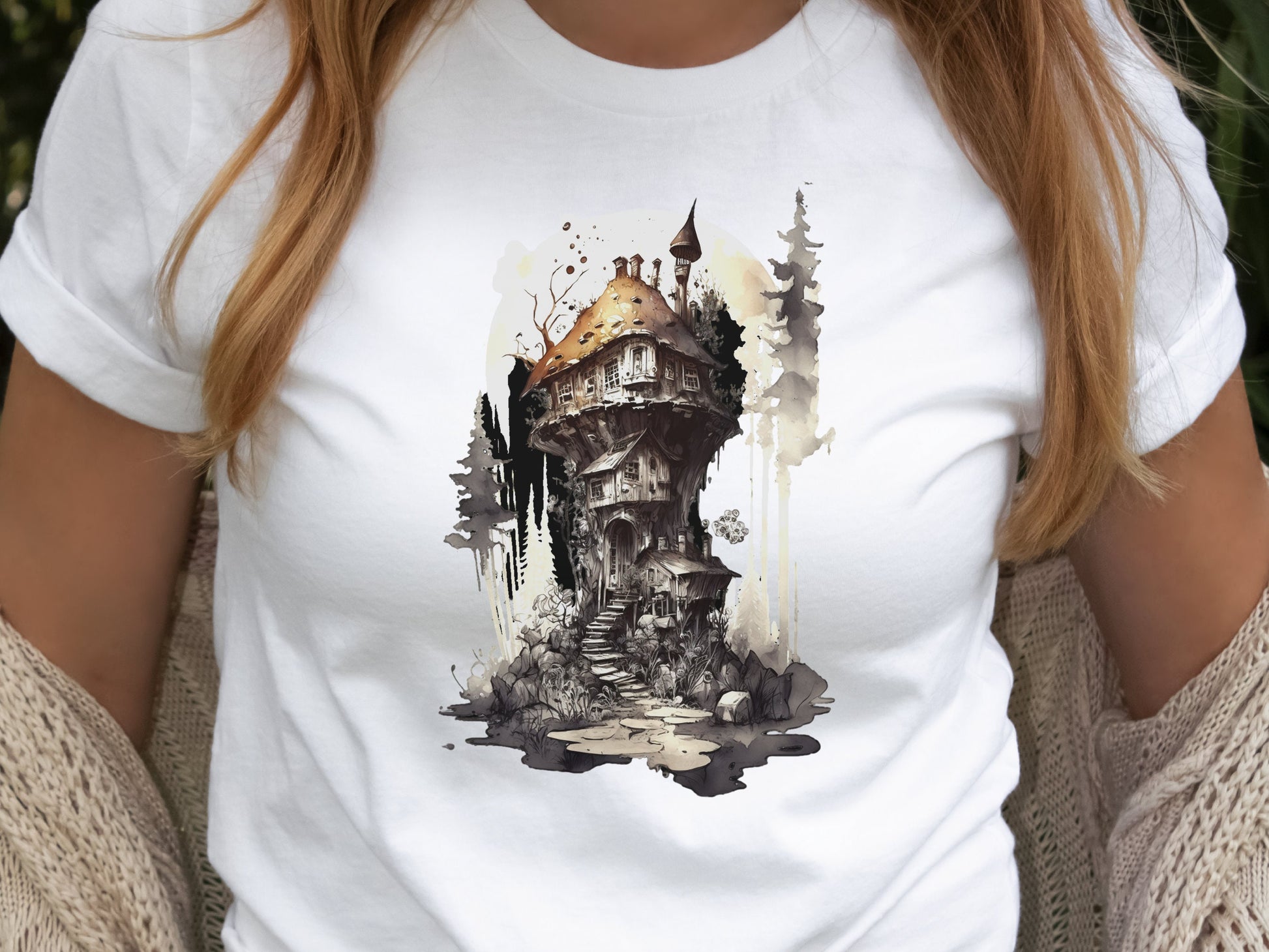 Gothic Dark Academia Witchcore Ink Wash Mushroom Fairy House T-Shirt Haunted Horror Witchy Witch's Cottage Messy Enchanting Magical Mystical