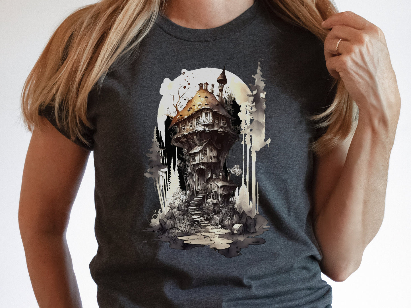 Gothic Dark Academia Witchcore Ink Wash Mushroom Fairy House T-Shirt Haunted Horror Witchy Witch's Cottage Messy Enchanting Magical Mystical