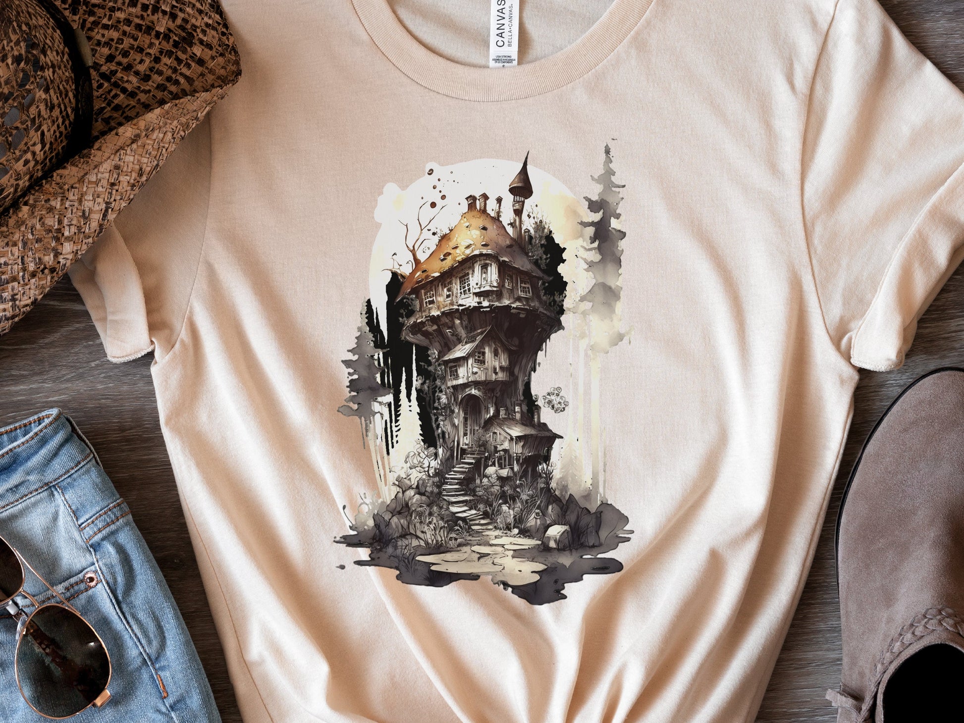 Gothic Dark Academia Witchcore Ink Wash Mushroom Fairy House T-Shirt Haunted Horror Witchy Witch's Cottage Messy Enchanting Magical Mystical