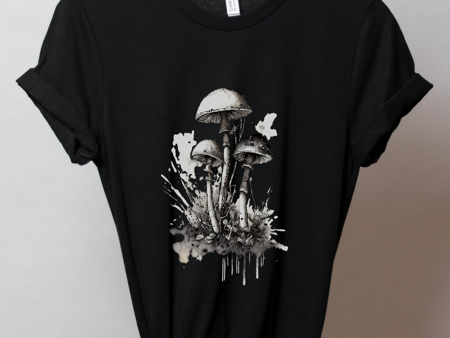 Mushroom T-Shirt for Women Elegant Black and White Ink Design Transformation Botanical Nature Simple Artistic Minimalist Whimsigoth Witchy