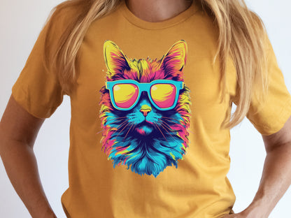 Synthwave Cat T-shirt with Sunglasses Futuristic Vibrant Psychedelic Tee Sci-Fi Neon Rebel Bright Colourful 80s Retro Cool Cats Summer Shirt