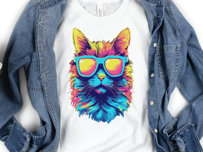 Synthwave Cat T-shirt with Sunglasses Futuristic Vibrant Psychedelic Tee Sci-Fi Neon Rebel Bright Colourful 80s Retro Cool Cats Summer Shirt