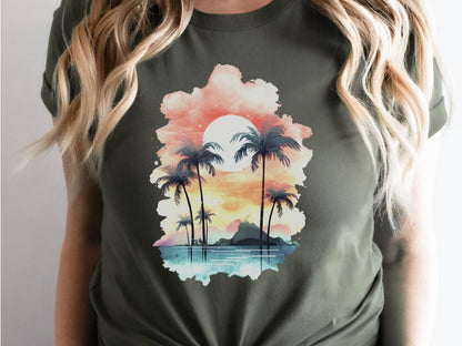 Tropical Sunset Watercolour T-Shirt Landscape Vacation Holiday Shirt Desert Island Travel Getaway Beach Vibes Palm Trees Sun Sea Sand Sky