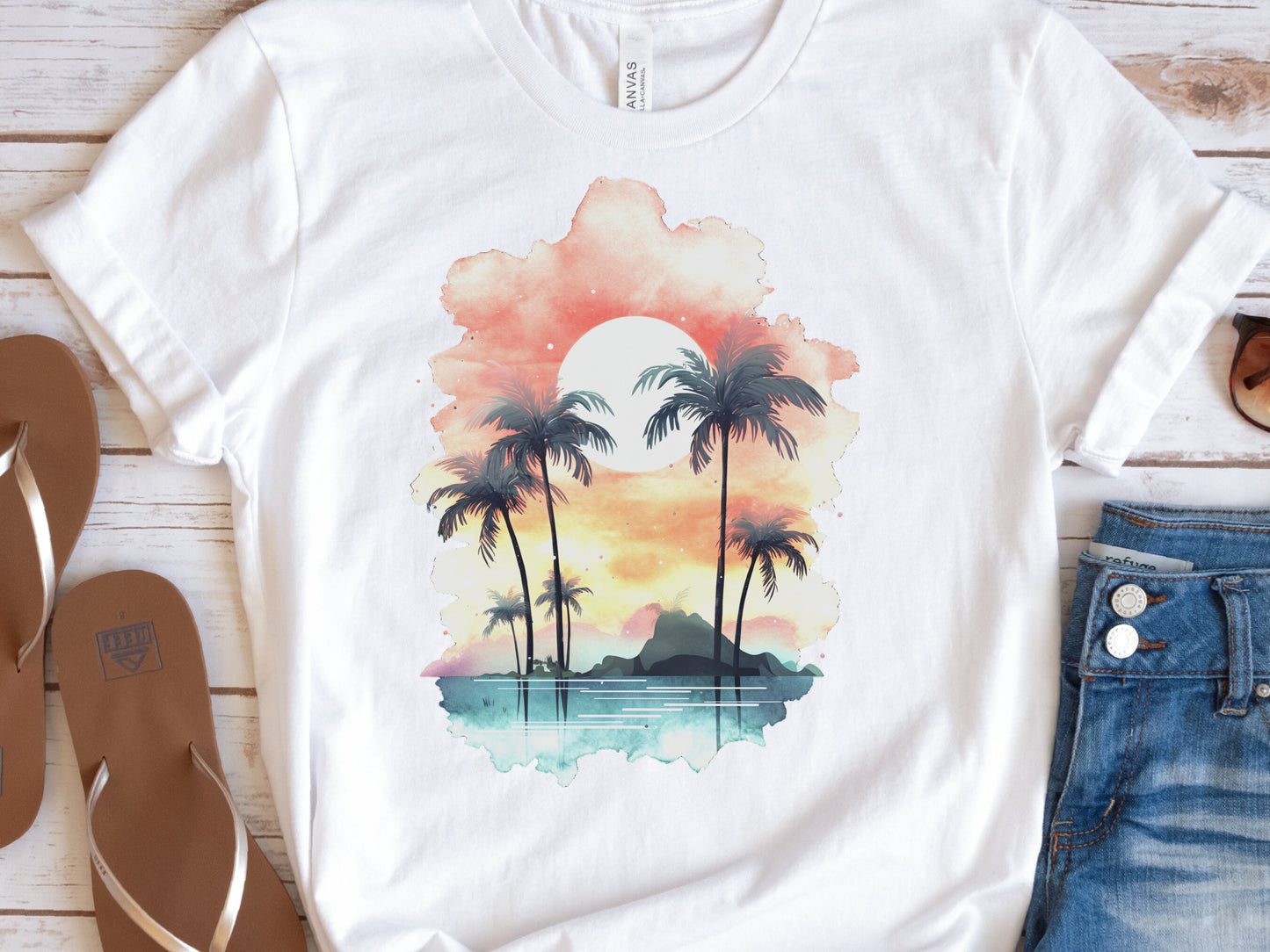 Tropical Sunset Watercolour T-Shirt Landscape Vacation Holiday Shirt Desert Island Travel Getaway Beach Vibes Palm Trees Sun Sea Sand Sky