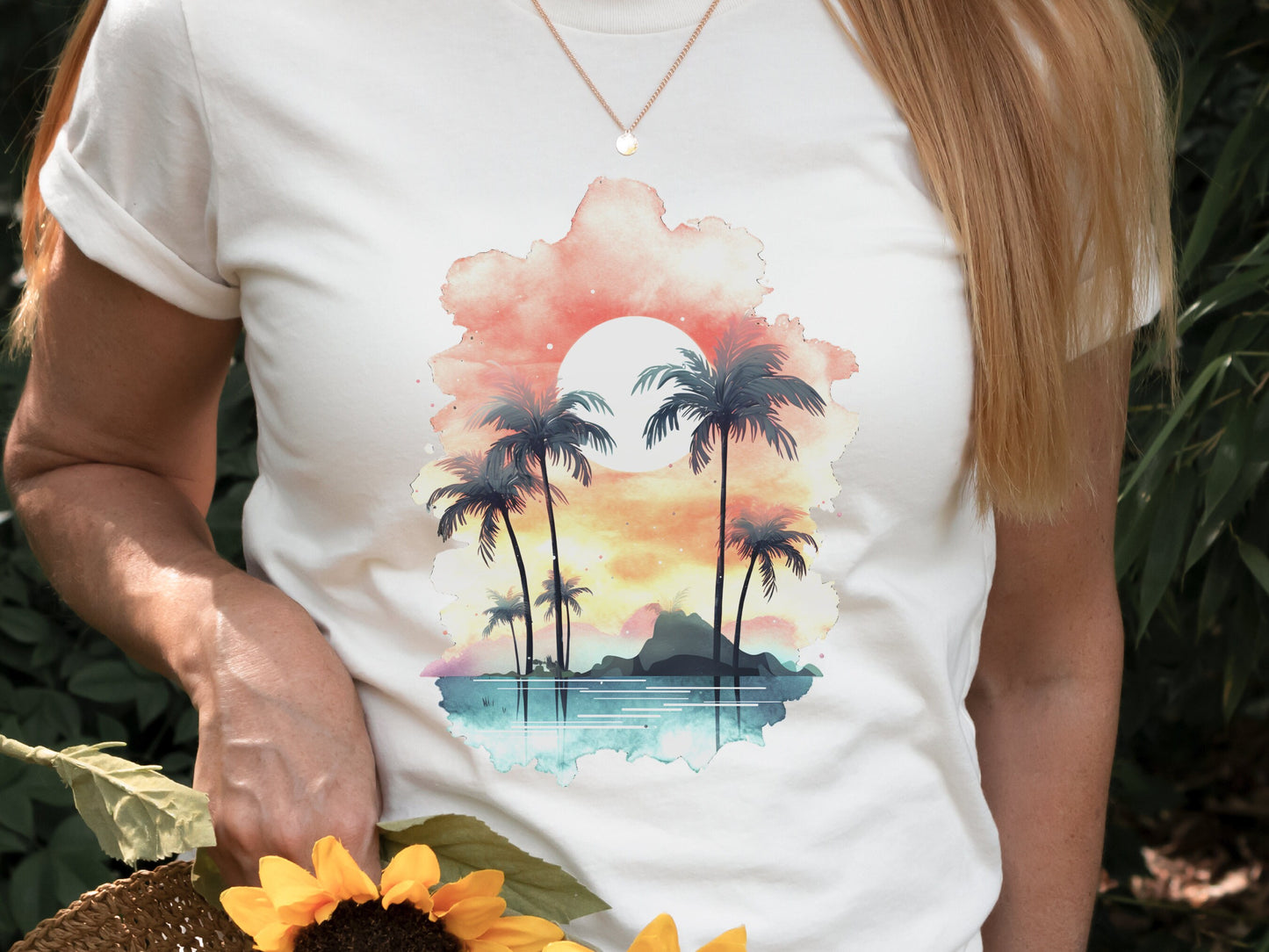 Tropical Sunset Watercolour T-Shirt Landscape Vacation Holiday Shirt Desert Island Travel Getaway Beach Vibes Palm Trees Sun Sea Sand Sky