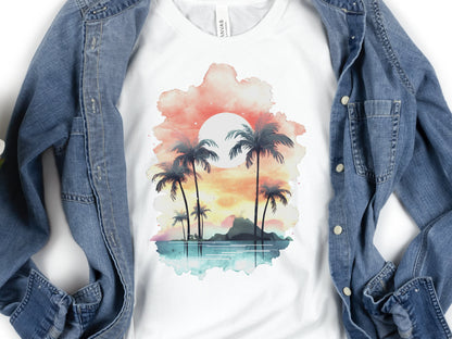 Tropical Sunset Watercolour T-Shirt Landscape Vacation Holiday Shirt Desert Island Travel Getaway Beach Vibes Palm Trees Sun Sea Sand Sky