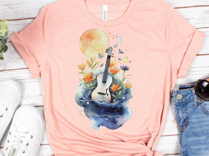 Guitar Shirt Whimsical Watercolour Moon Tee Floral Flowers Music Nature Lovers Artistic Cute Celestial T-Shirt Gift for Musicians Guitarists