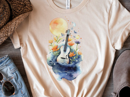 Guitar Shirt Whimsical Watercolour Moon Tee Floral Flowers Music Nature Lovers Artistic Cute Celestial T-Shirt Gift for Musicians Guitarists