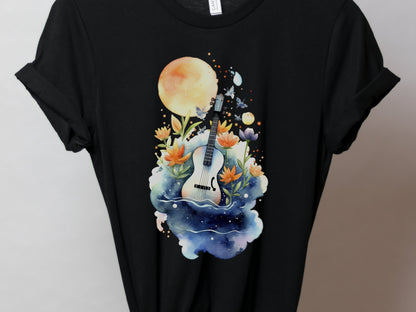 Guitar Shirt Whimsical Watercolour Moon Tee Floral Flowers Music Nature Lovers Artistic Cute Celestial T-Shirt Gift for Musicians Guitarists