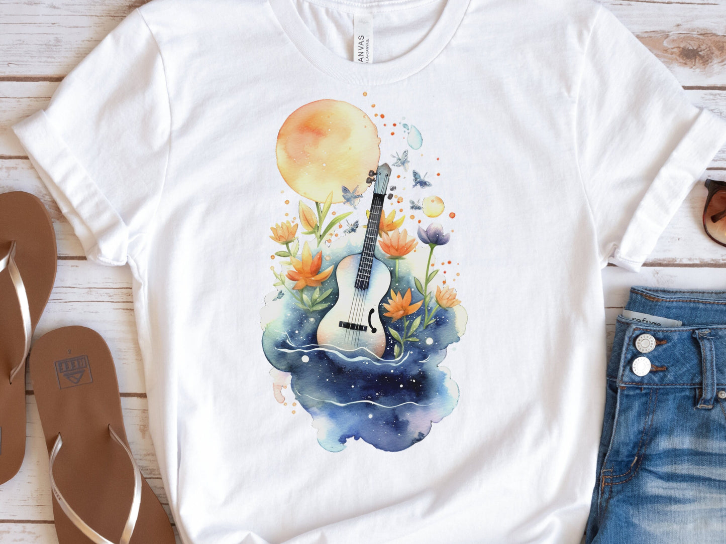 Guitar Shirt Whimsical Watercolour Moon Tee Floral Flowers Music Nature Lovers Artistic Cute Celestial T-Shirt Gift for Musicians Guitarists