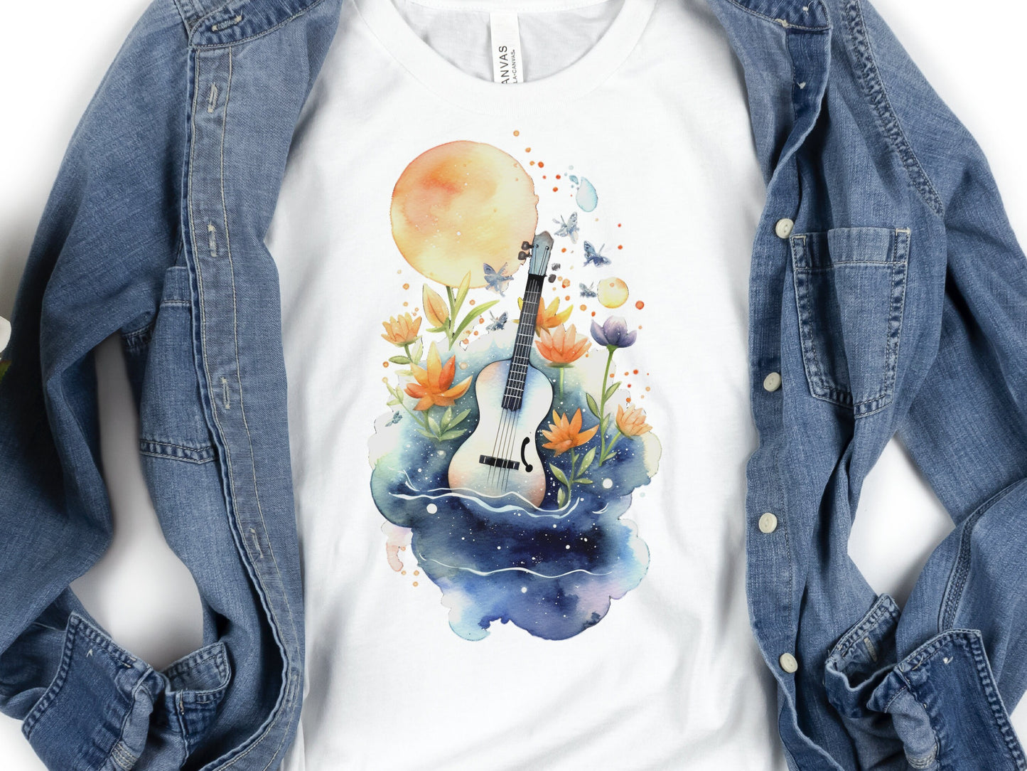 Guitar Shirt Whimsical Watercolour Moon Tee Floral Flowers Music Nature Lovers Artistic Cute Celestial T-Shirt Gift for Musicians Guitarists