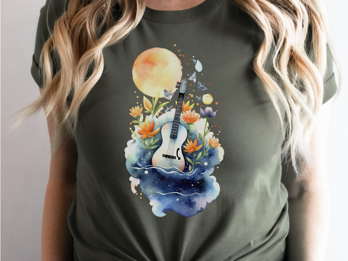 Guitar Shirt Whimsical Watercolour Moon Tee Floral Flowers Music Nature Lovers Artistic Cute Celestial T-Shirt Gift for Musicians Guitarists