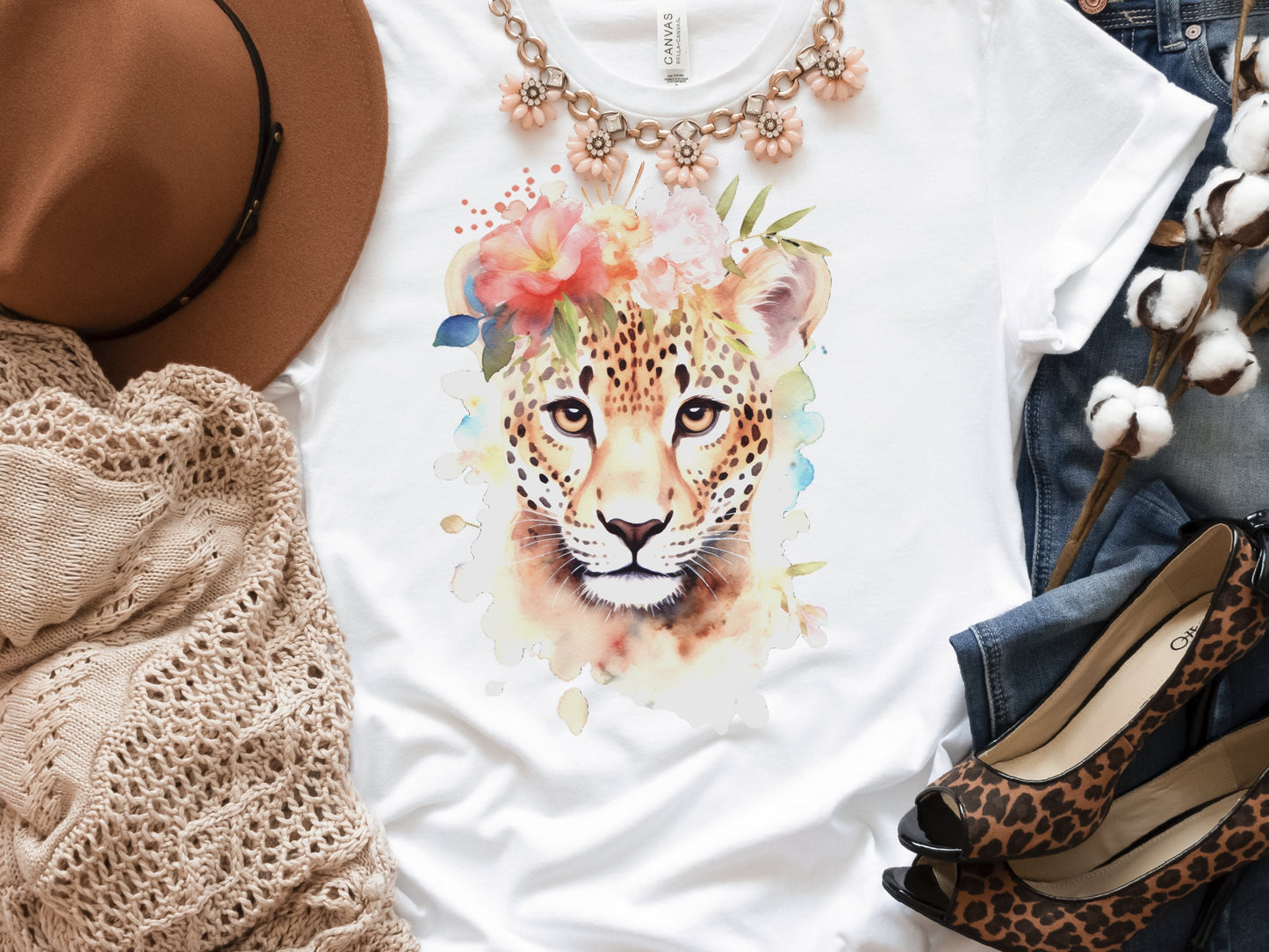 Jaguar Tshirt for Women Pink Flowers Tee Wild Animal Print Jungle Big Cat Lovers Unique Watercolour Design Cute Nature T-Shirt Floral Shirt