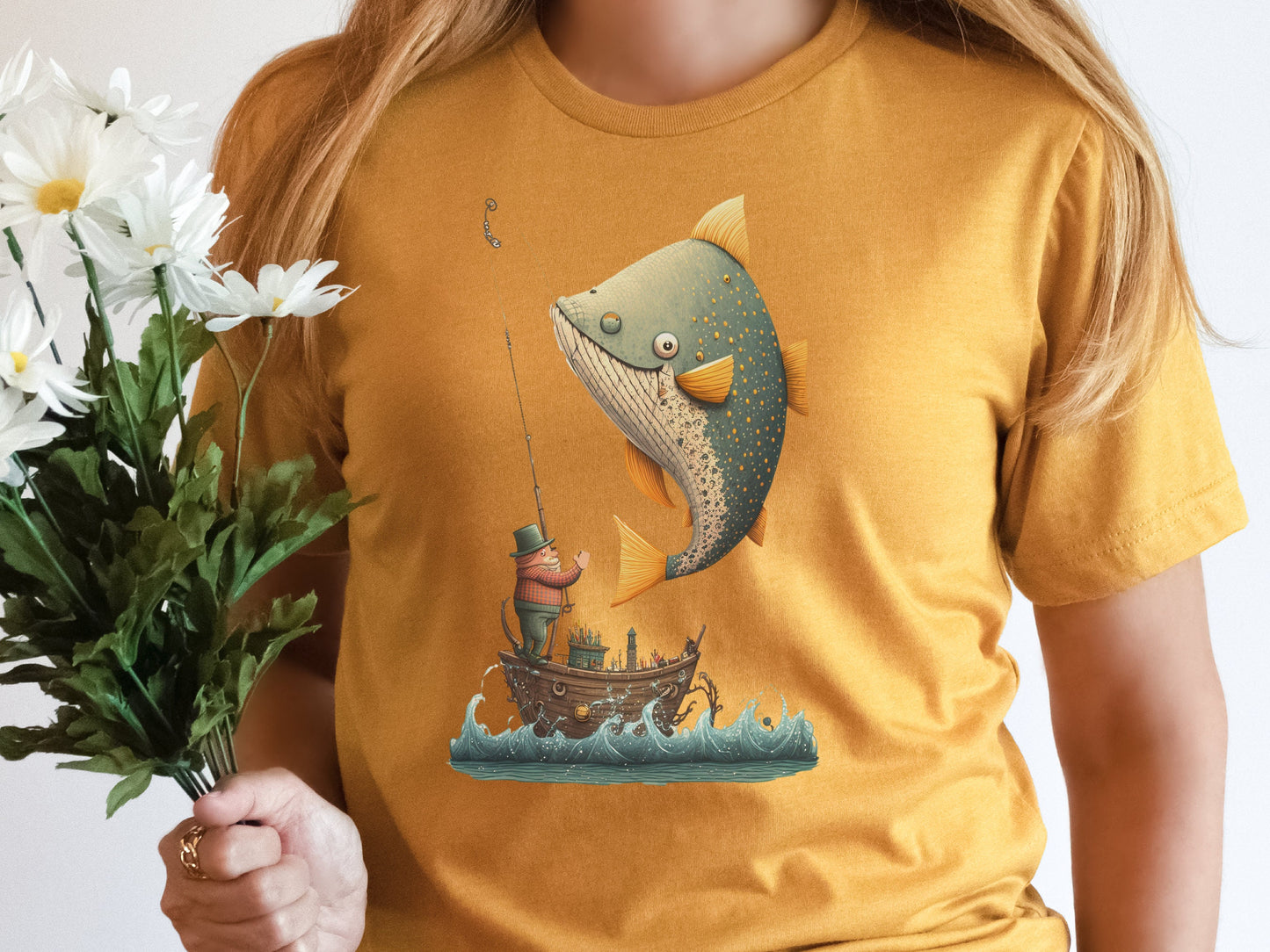 Funny Fishing Shirt for Women Fishermans T-Shirt Big Fish Small Boat Whimsical Tee Fishing Humour Illustration Fisherman Angler Gift for Men