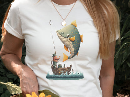 Funny Fishing Shirt for Women Fishermans T-Shirt Big Fish Small Boat Whimsical Tee Fishing Humour Illustration Fisherman Angler Gift for Men