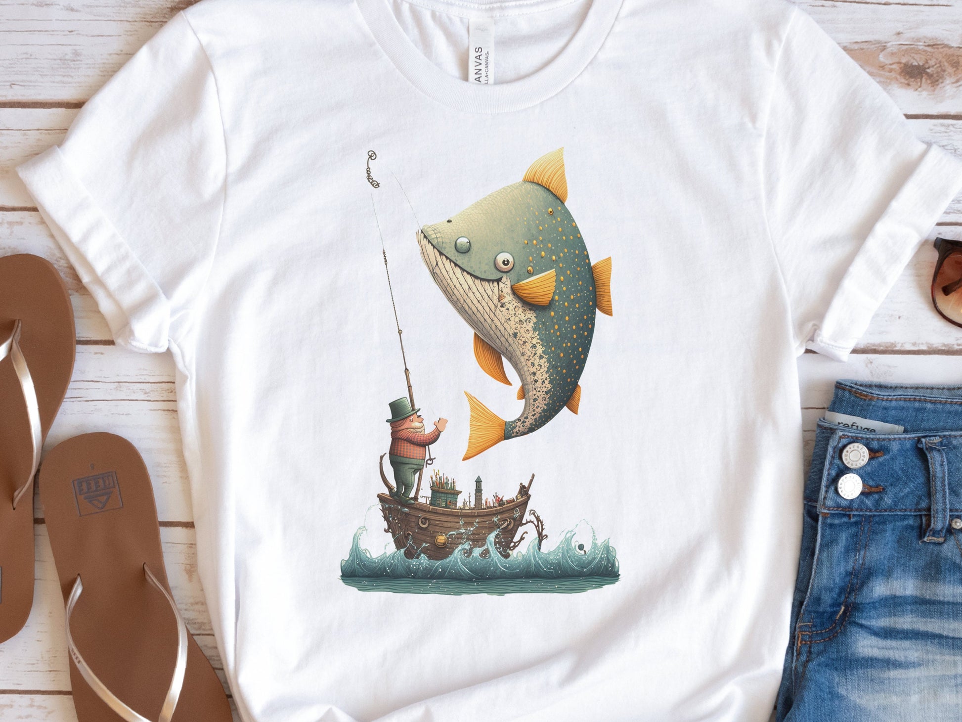 Funny Fishing Shirt for Women Fishermans T-Shirt Big Fish Small Boat  Whimsical Tee Fishing Humour Illustration Fisherman Angler Gift for Men