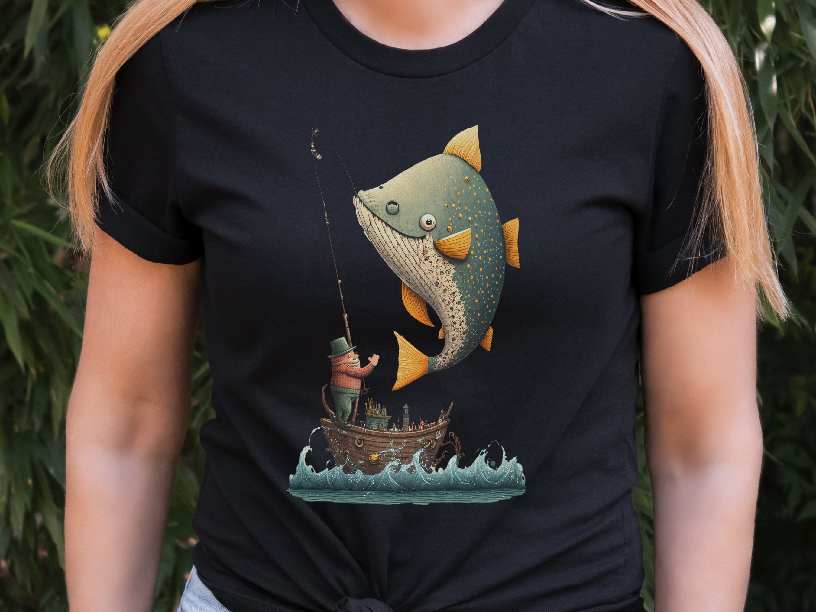 Funny Fishing Shirt for Women Fishermans T-Shirt Big Fish Small Boat  Whimsical Tee Fishing Humour Illustration Fisherman Angler Gift for Men