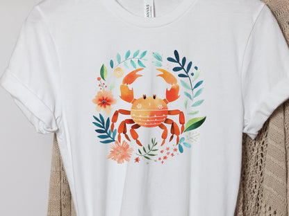 Crab T-shirt Cancer Zodiac Shirt July Birthday Gift for Her Cute Astrology Star Sign Tee Orange Blue Beach Summer Holiday Vacation Seaside