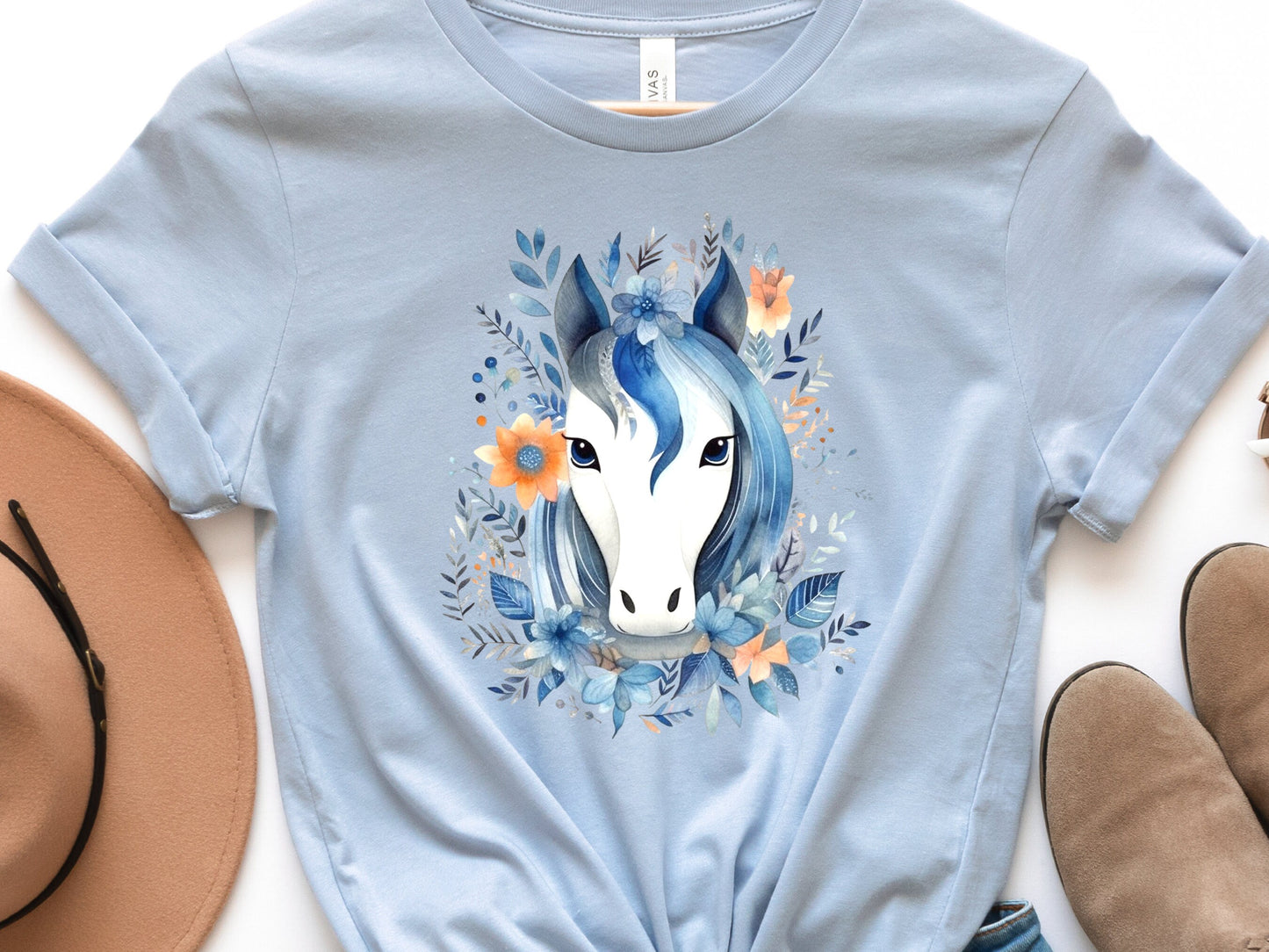 Boho Horse Shirt with Floral Design Flowers Leaves T-shirt Coral Orange Blue Horsey Lovers Riders Gift Watercolour Bohemian Illustration Tee