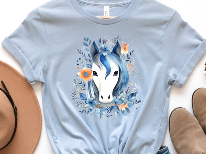 Boho Horse Shirt with Floral Design Flowers Leaves T-shirt Coral Orange Blue Horsey Lovers Riders Gift Watercolour Bohemian Illustration Tee