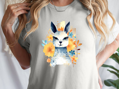 Llama T-shirt Cute Watercolour Shirt Unique Urban Boho Style Blue with Orange Flowers Art Artistic Golden City Skyline Floral Geometric Tee