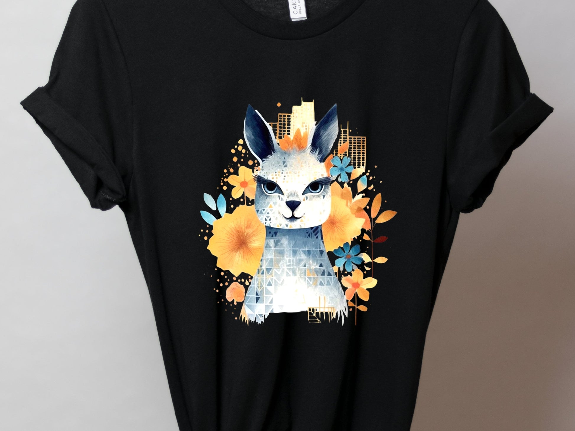 Llama T-shirt Cute Watercolour Shirt Unique Urban Boho Style Blue with Orange Flowers Art Artistic Golden City Skyline Floral Geometric Tee