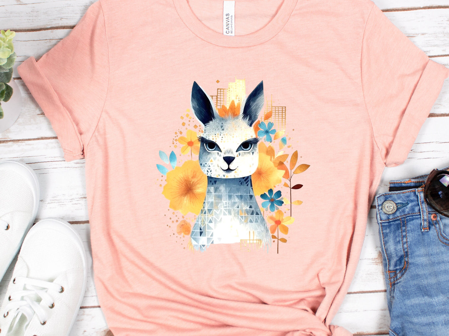 Llama T-shirt Cute Watercolour Shirt Unique Urban Boho Style Blue with Orange Flowers Art Artistic Golden City Skyline Floral Geometric Tee