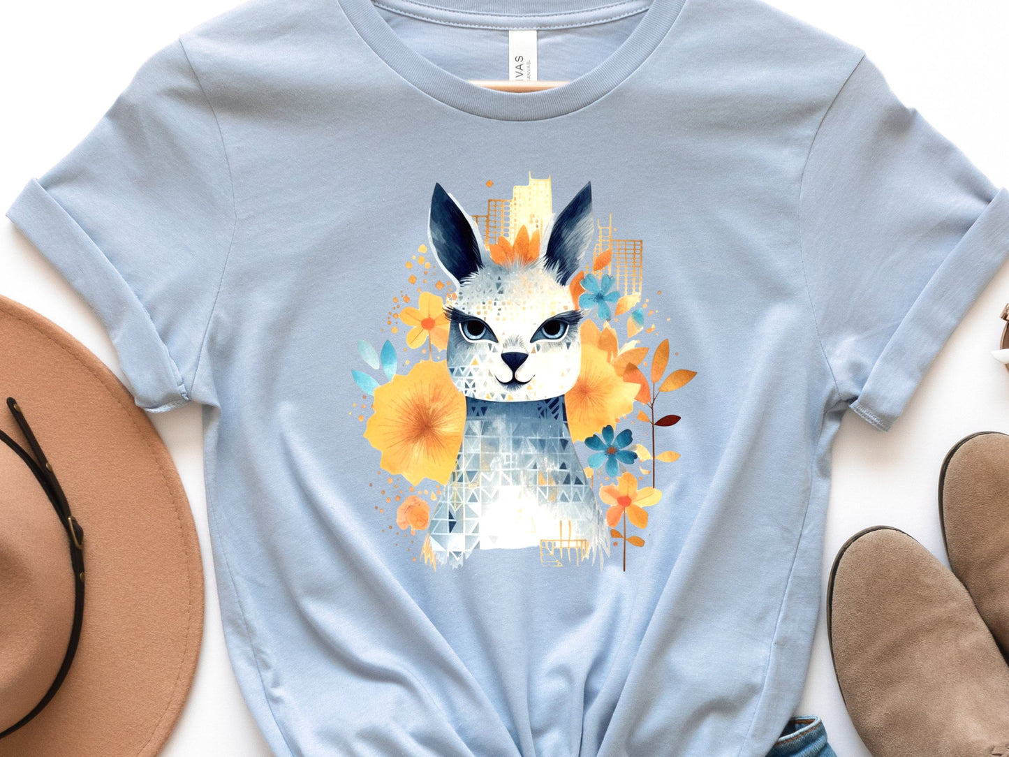 Llama T-shirt Cute Watercolour Shirt Unique Urban Boho Style Blue with Orange Flowers Art Artistic Golden City Skyline Floral Geometric Tee