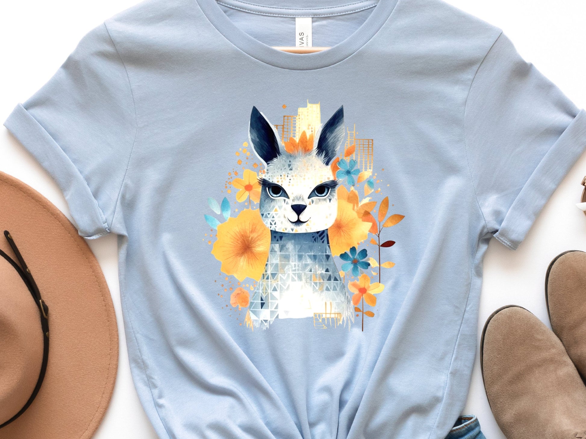 Llama T-shirt Cute Watercolour Shirt Unique Urban Boho Style Blue with Orange Flowers Art Artistic Golden City Skyline Floral Geometric Tee