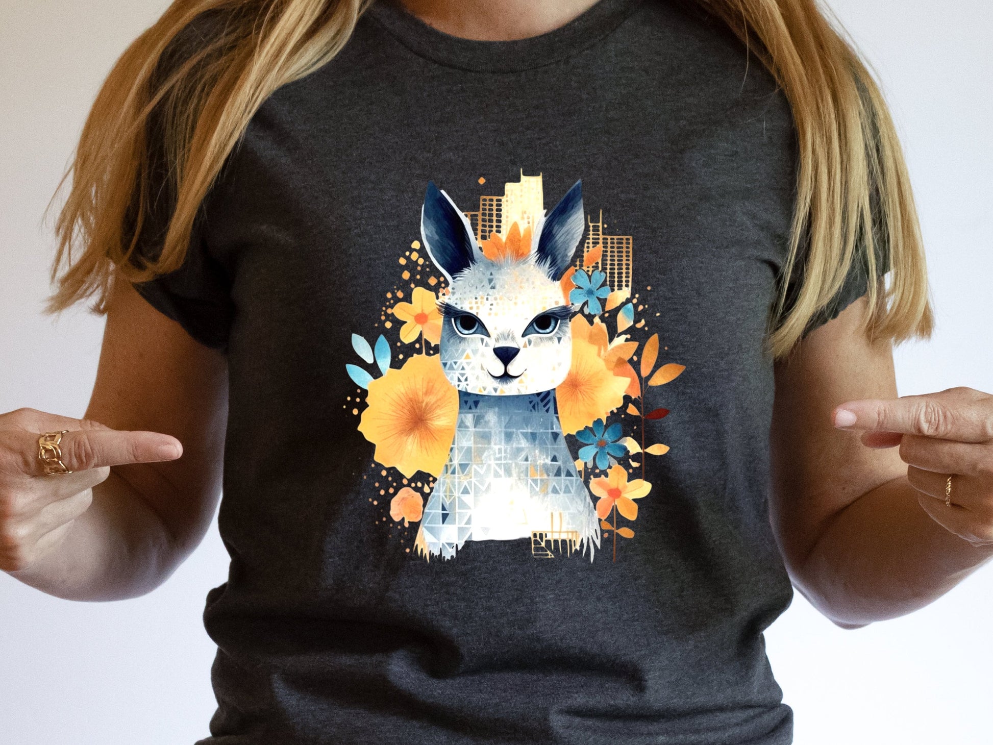 Llama T-shirt Cute Watercolour Shirt Unique Urban Boho Style Blue with Orange Flowers Art Artistic Golden City Skyline Floral Geometric Tee