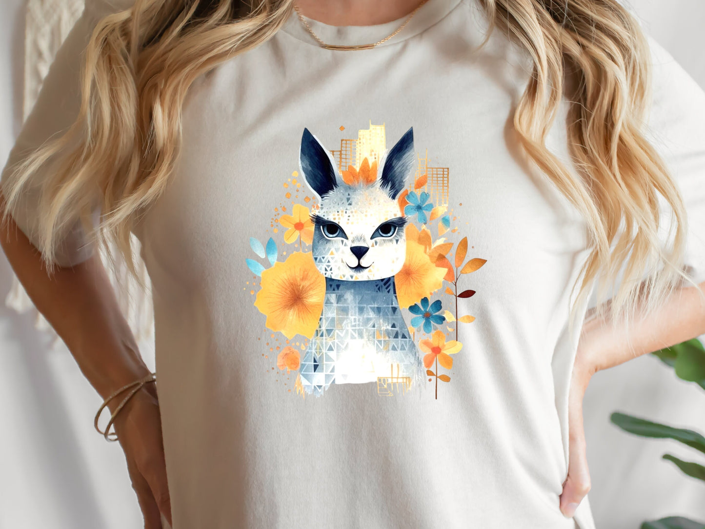 Llama T-shirt Cute Watercolour Shirt Unique Urban Boho Style Blue with Orange Flowers Art Artistic Golden City Skyline Floral Geometric Tee