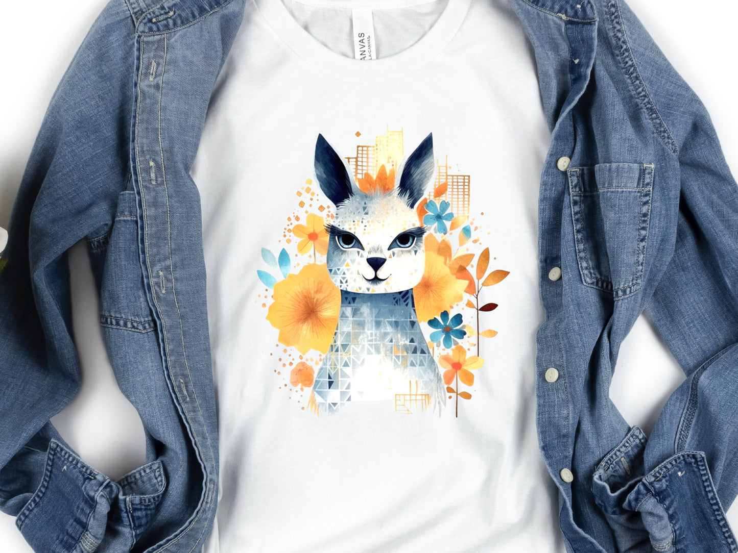 Llama T-shirt Cute Watercolour Shirt Unique Urban Boho Style Blue with Orange Flowers Art Artistic Golden City Skyline Floral Geometric Tee