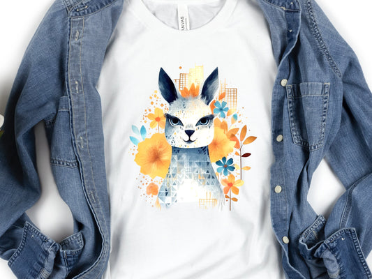 Llama T-shirt Cute Watercolour Shirt Unique Urban Boho Style Blue with Orange Flowers Art Artistic Golden City Skyline Floral Geometric Tee