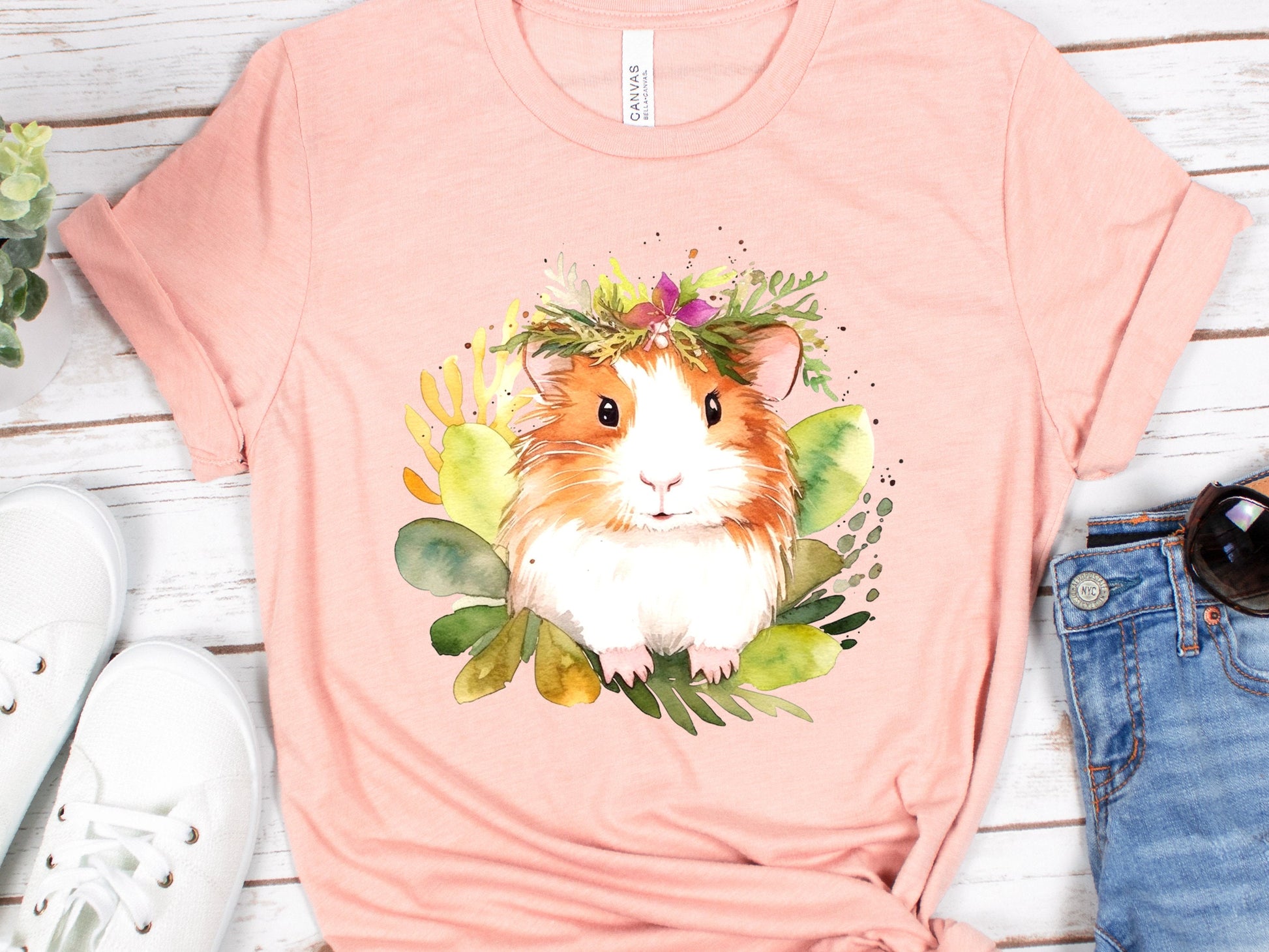 Guinea Pig Shirt with Pink and Green Floral Crown Boho Watercolour T-Shirt Design Cute Animal Art Owners Cavy Lovers Gift for Her Birthday