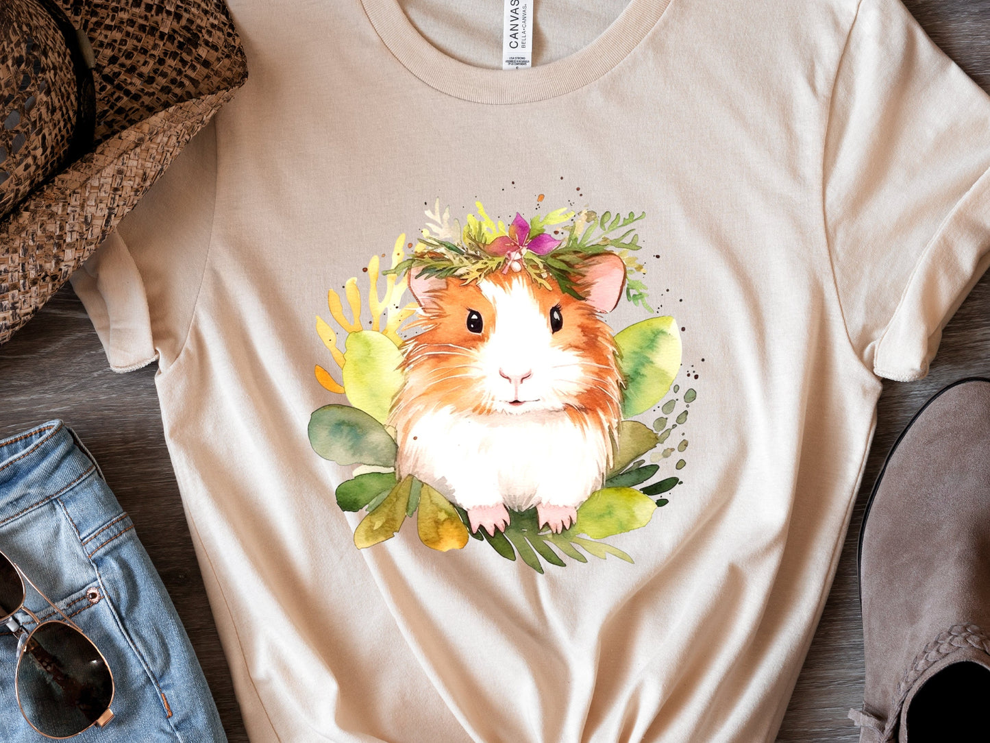 Guinea Pig Shirt with Pink and Green Floral Crown Boho Watercolour T-Shirt Design Cute Animal Art Owners Cavy Lovers Gift for Her Birthday