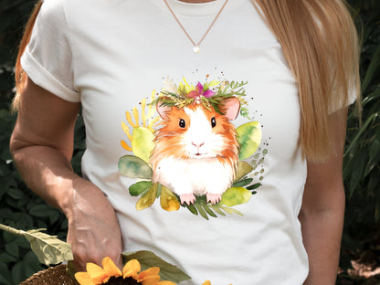 Guinea Pig Shirt with Pink and Green Floral Crown Boho Watercolour T-Shirt Design Cute Animal Art Owners Cavy Lovers Gift for Her Birthday